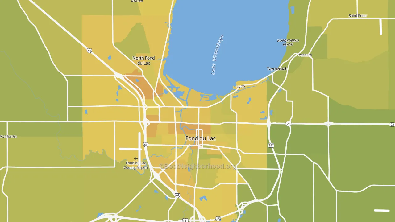 Map of the best neighborhoods in the 54937 area, with better matches in green and worse matches in red