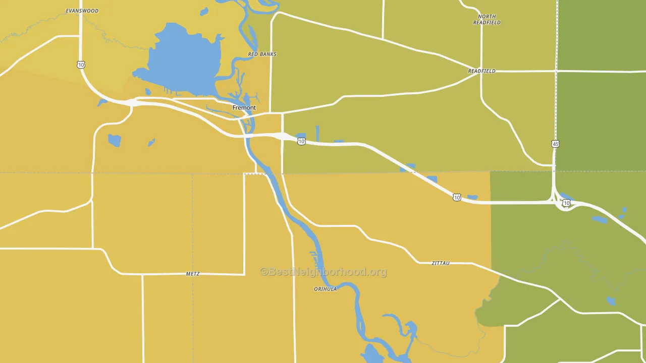Map of the best neighborhoods in the 54940 area, with better matches in green and worse matches in red
