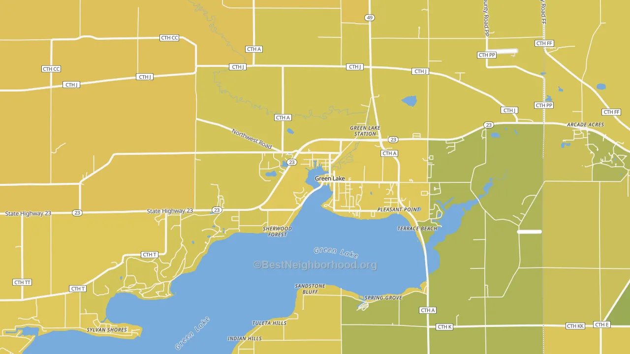 Map of the best neighborhoods in the 54941 area, with better matches in green and worse matches in red