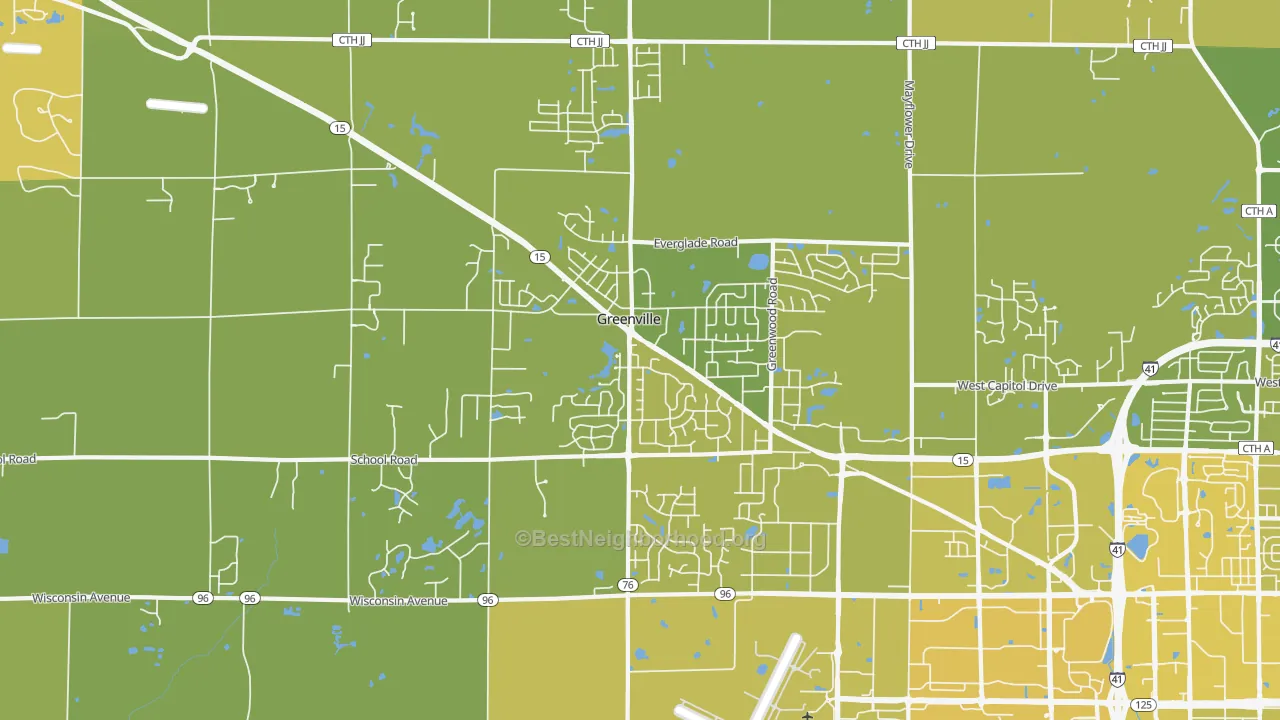 Map of the best neighborhoods in the 54942 area, with better matches in green and worse matches in red