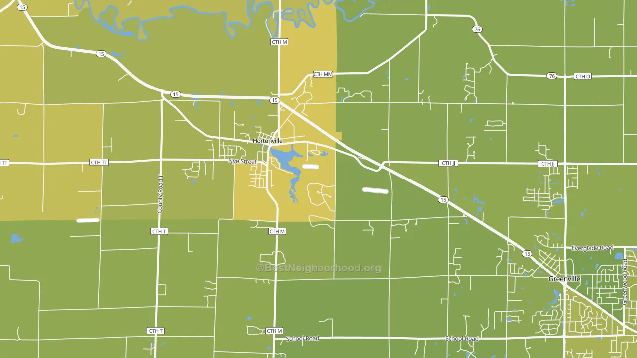 Map of the best neighborhoods in the 54944 area, with better matches in green and worse matches in red