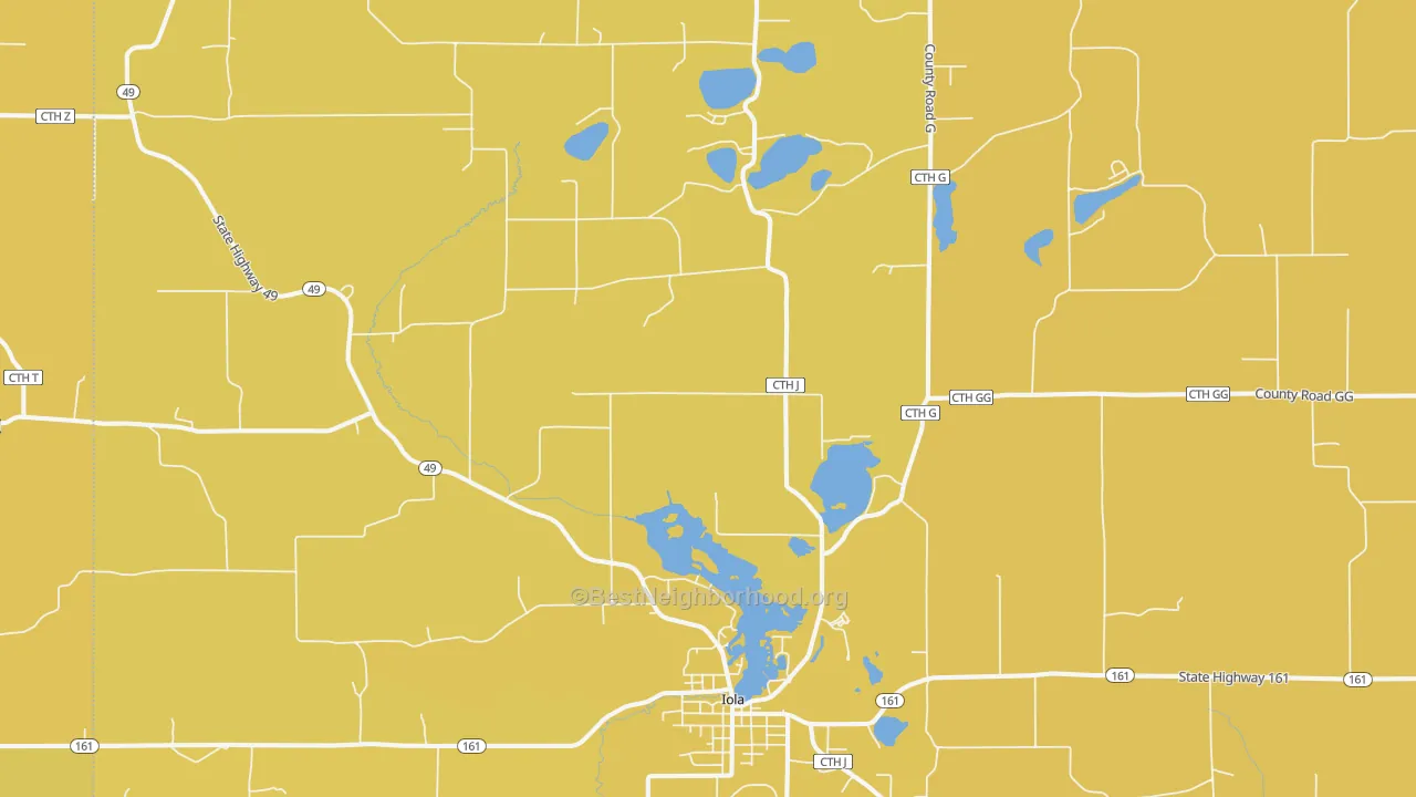 Map of the best neighborhoods in the 54945 area, with better matches in green and worse matches in red