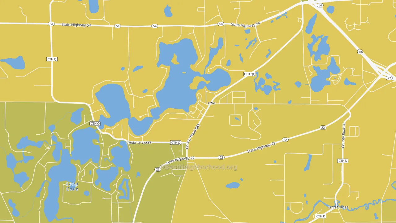 Map of the best neighborhoods in the 54946 area, with better matches in green and worse matches in red