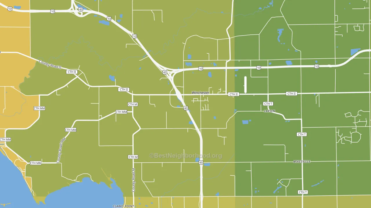Map of the best neighborhoods in the 54947 area, with better matches in green and worse matches in red