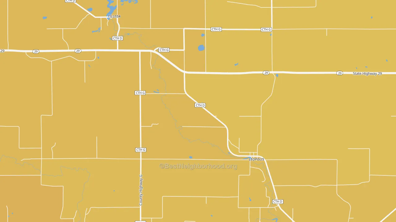 Map of the best neighborhoods in the 54948 area, with better matches in green and worse matches in red