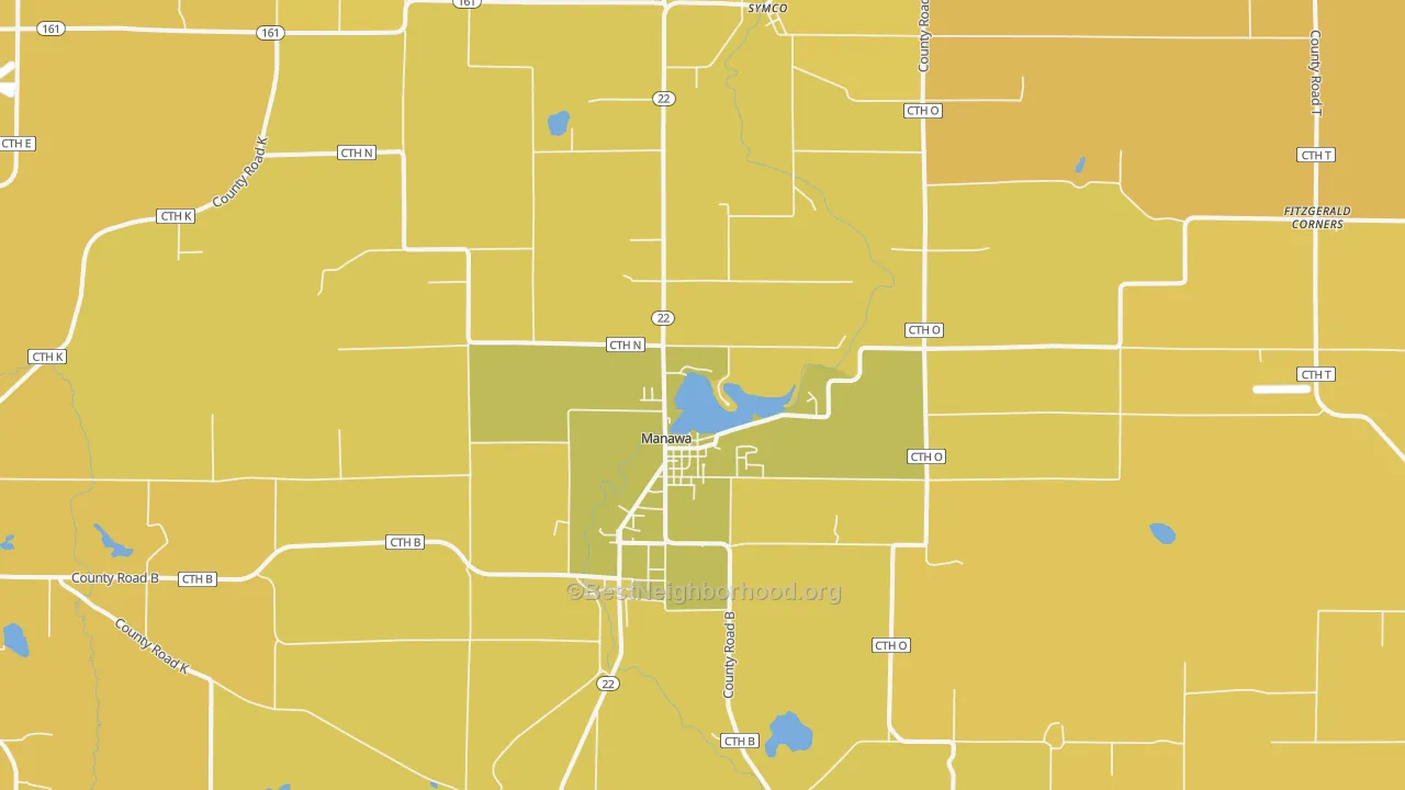 Map of the best neighborhoods in the 54949 area, with better matches in green and worse matches in red