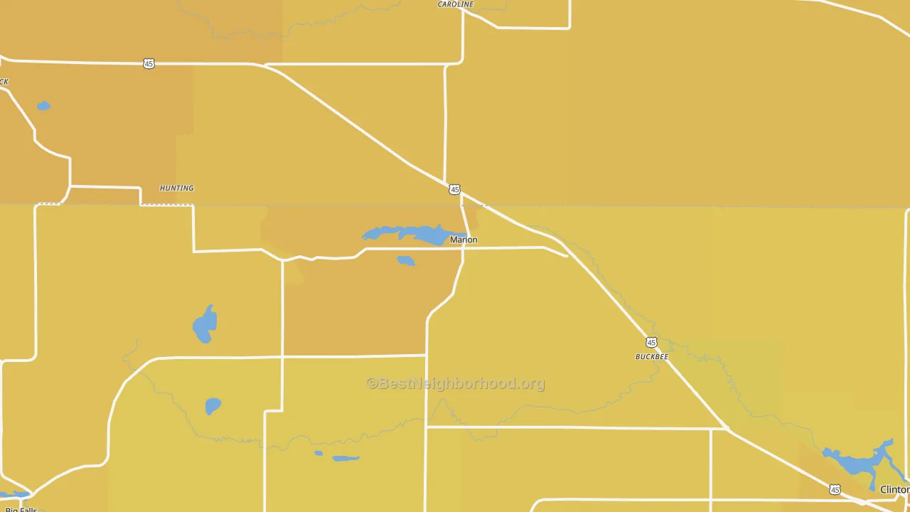 Map of the best neighborhoods in the 54950 area, with better matches in green and worse matches in red