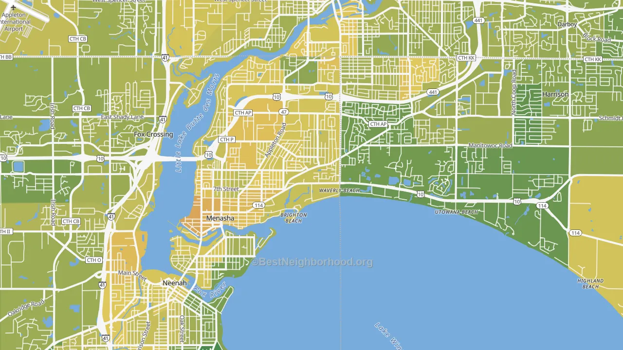 Map of the best neighborhoods in the 54952 area, with better matches in green and worse matches in red