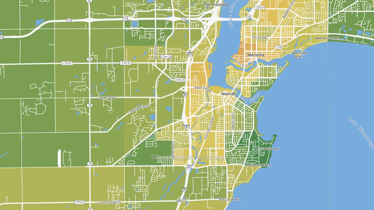 Map of the best neighborhoods in the 54956 area, with better matches in green and worse matches in red