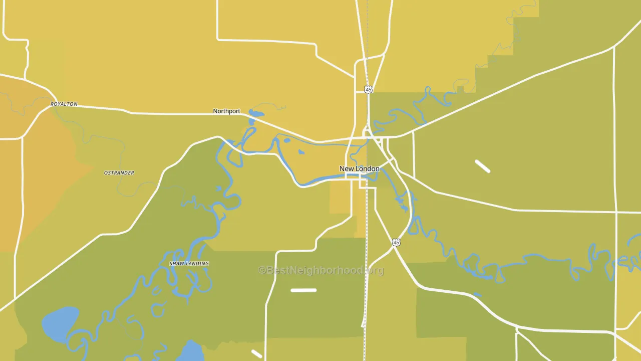 Map of the best neighborhoods in the 54961 area, with better matches in green and worse matches in red