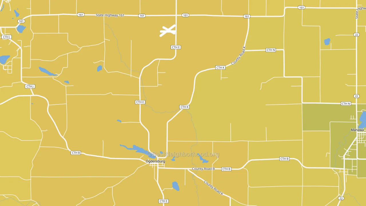 Map of the best neighborhoods in the 54962 area, with better matches in green and worse matches in red