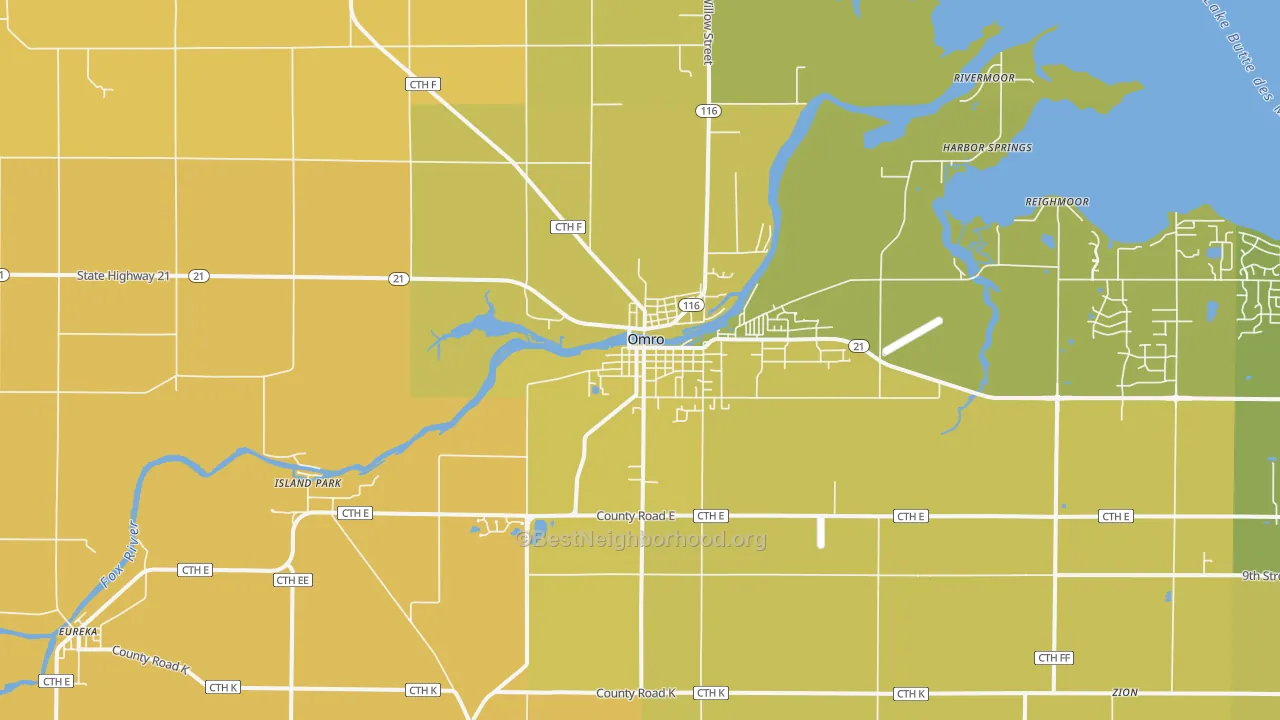 Map of the best neighborhoods in the 54963 area, with better matches in green and worse matches in red