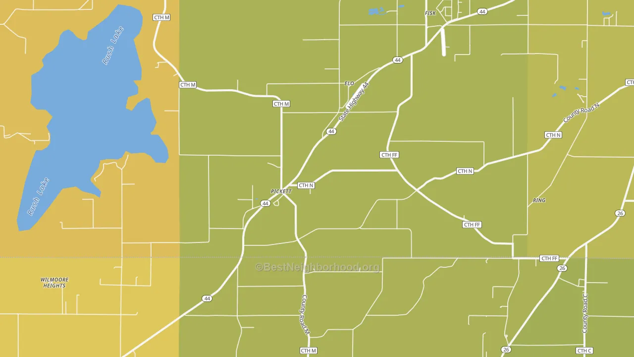 Map of the best neighborhoods in the 54964 area, with better matches in green and worse matches in red