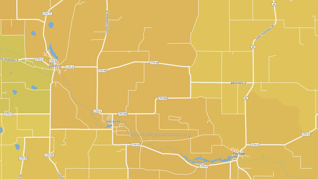 Map of the best neighborhoods in the 54965 area, with better matches in green and worse matches in red