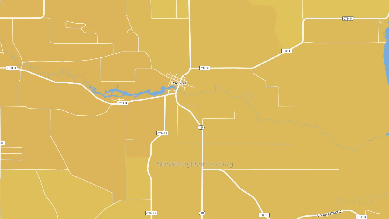 Map of the best neighborhoods in the 54967 area, with better matches in green and worse matches in red