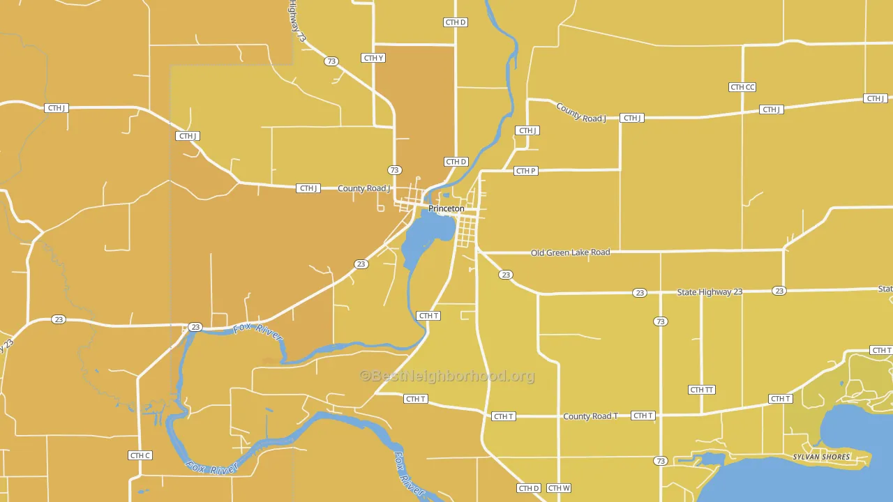 Map of the best neighborhoods in the 54968 area, with better matches in green and worse matches in red