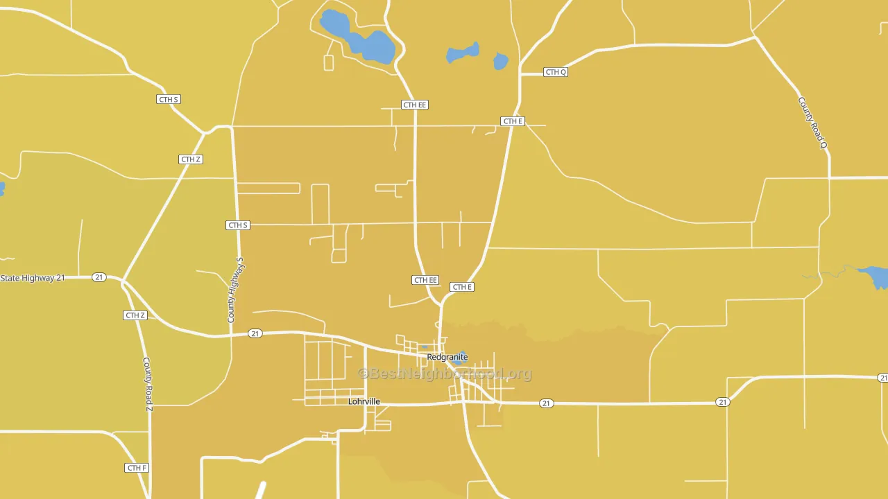 Map of the best neighborhoods in the 54970 area, with better matches in green and worse matches in red
