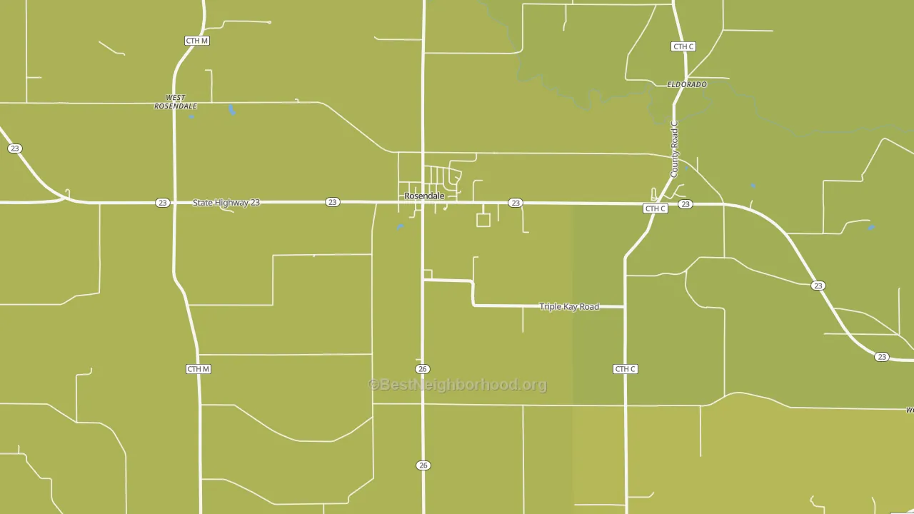 Map of the best neighborhoods in the 54974 area, with better matches in green and worse matches in red
