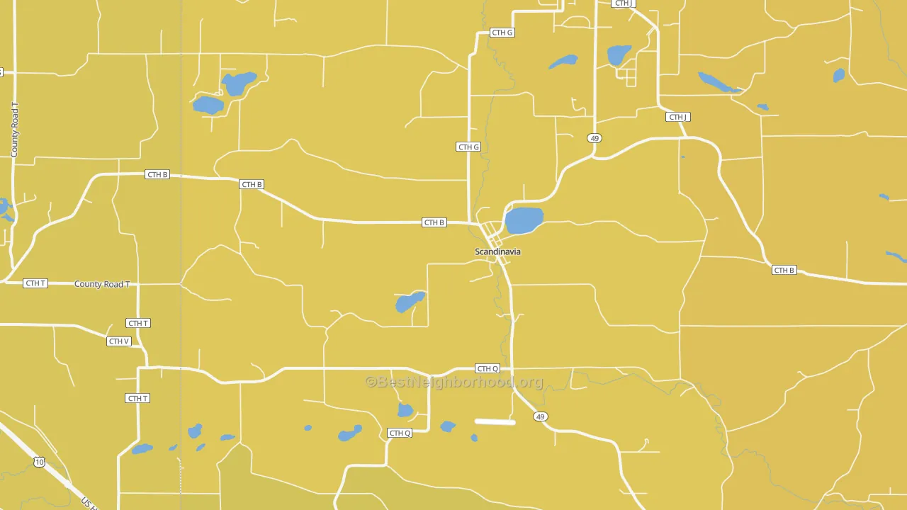 Map of the best neighborhoods in the 54977 area, with better matches in green and worse matches in red