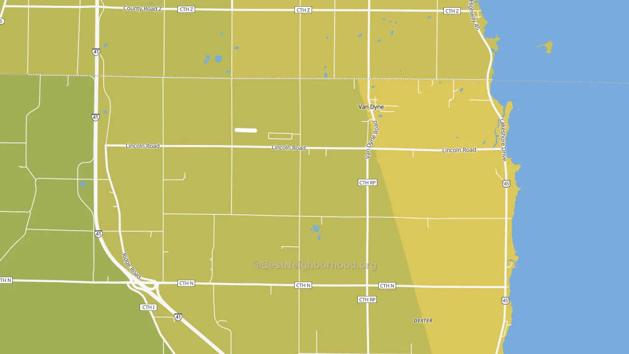 Map of the best neighborhoods in the 54979 area, with better matches in green and worse matches in red