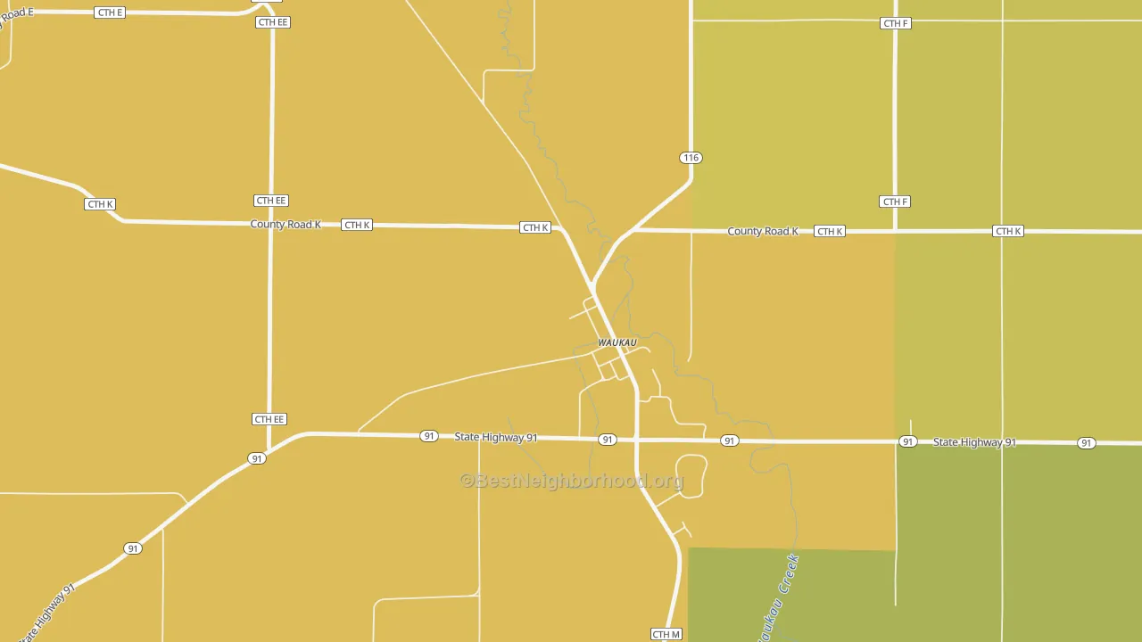Map of the best neighborhoods in the 54980 area, with better matches in green and worse matches in red