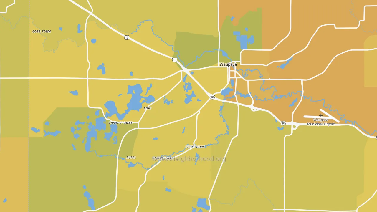 Map of the best neighborhoods in the 54981 area, with better matches in green and worse matches in red