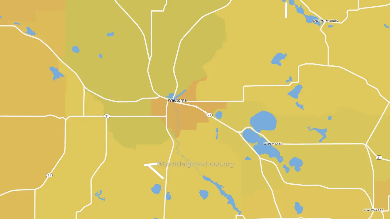 Map of the best neighborhoods in the 54982 area, with better matches in green and worse matches in red