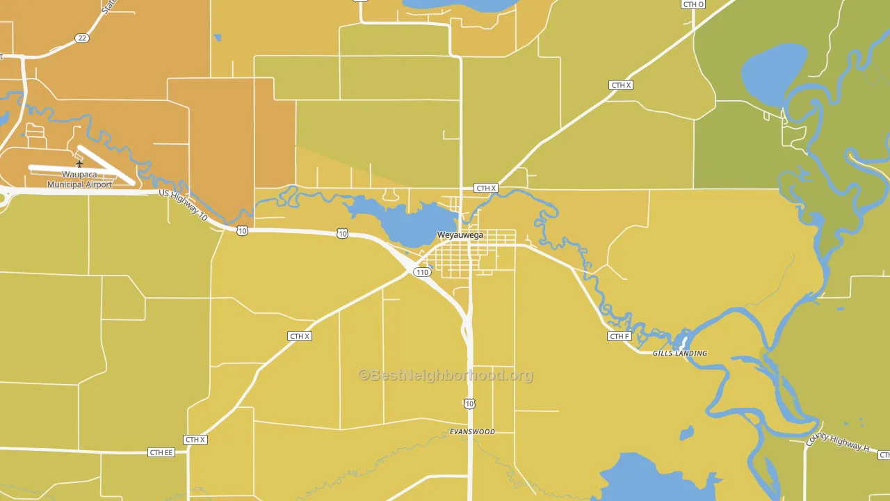 Map of the best neighborhoods in the 54983 area, with better matches in green and worse matches in red