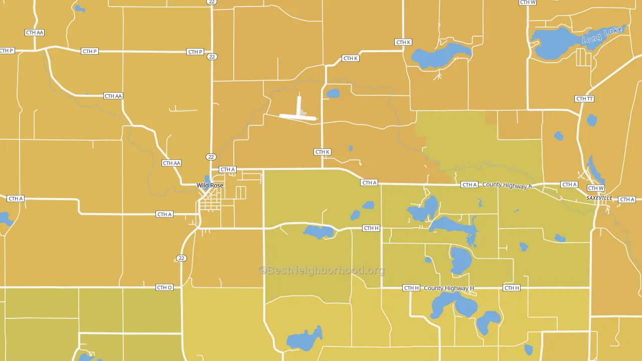 Map of the best neighborhoods in the 54984 area, with better matches in green and worse matches in red
