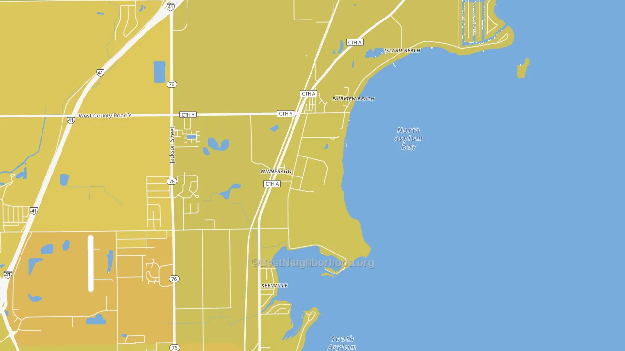 Map of the best neighborhoods in the 54985 area, with better matches in green and worse matches in red