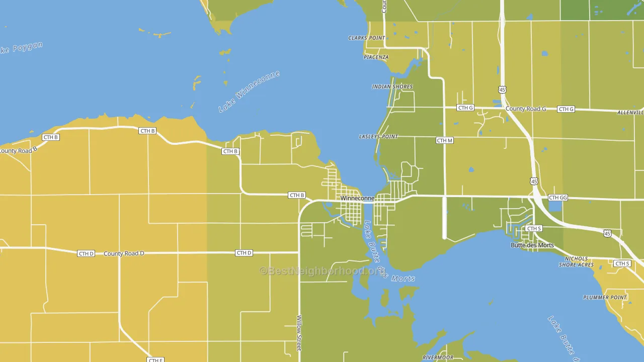 Map of the best neighborhoods in the 54986 area, with better matches in green and worse matches in red