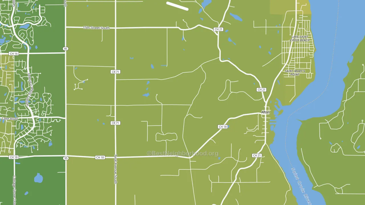Map of the best neighborhoods in the 55001 area, with better matches in green and worse matches in red