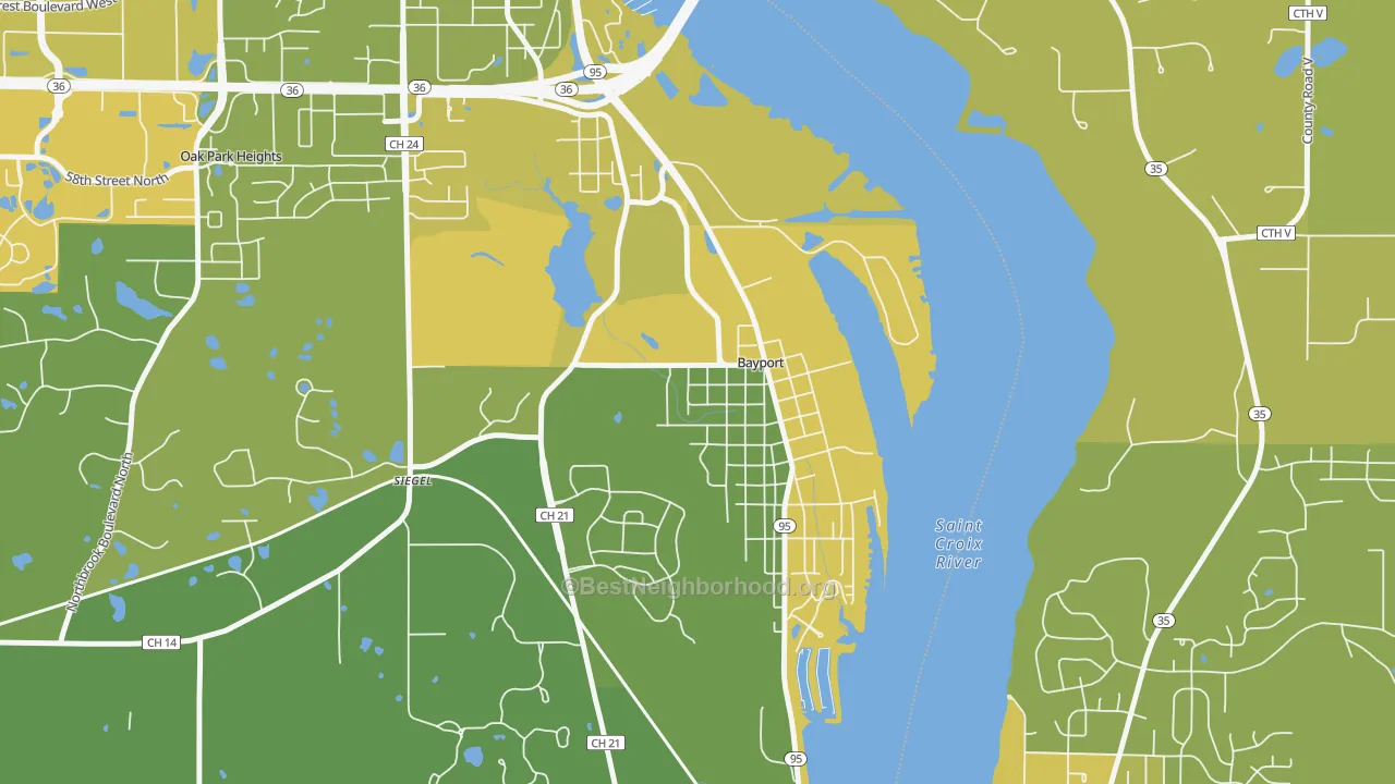 Map of the best neighborhoods in the 55003 area, with better matches in green and worse matches in red