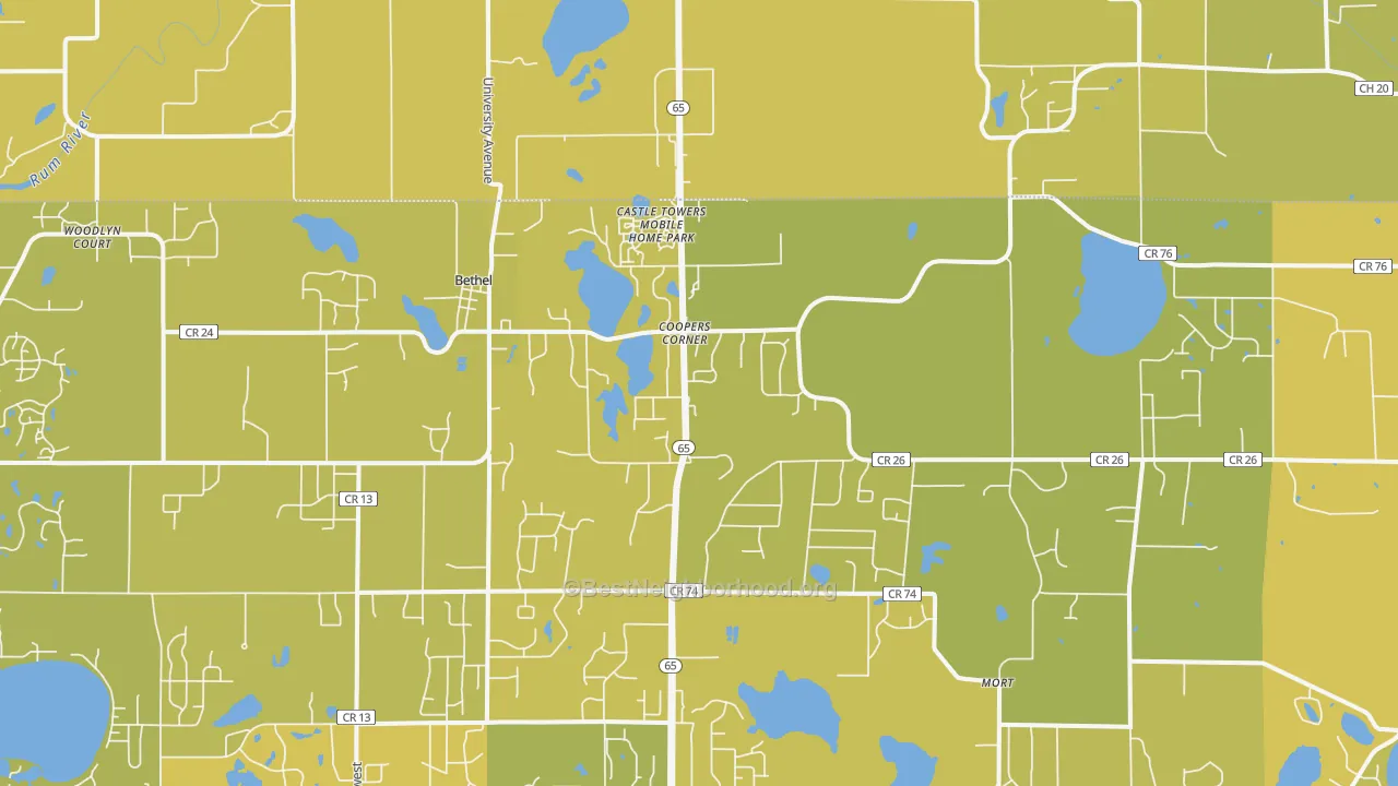 Map of the best neighborhoods in the 55005 area, with better matches in green and worse matches in red