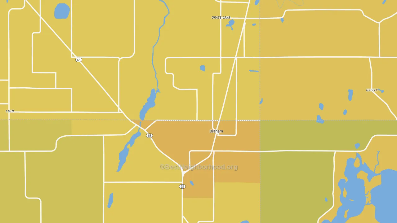 Map of the best neighborhoods in the 55006 area, with better matches in green and worse matches in red