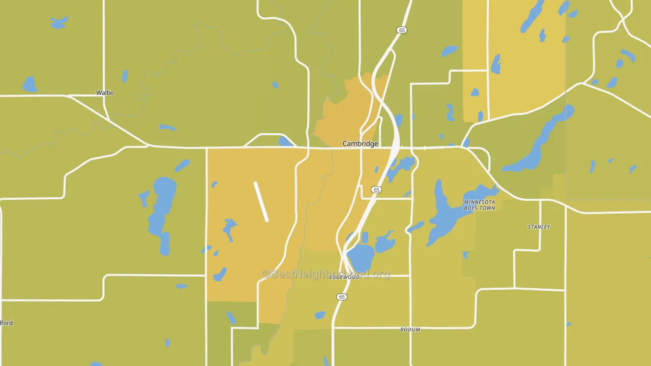 Map of the best neighborhoods in the 55008 area, with better matches in green and worse matches in red