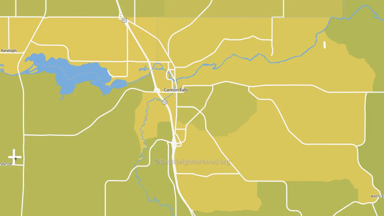 Map of the best neighborhoods in the 55009 area, with better matches in green and worse matches in red