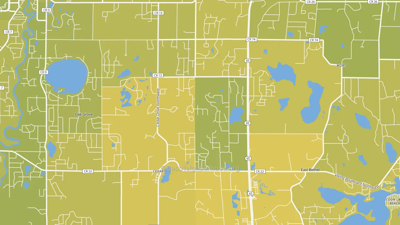 Map of the best neighborhoods in the 55011 area, with better matches in green and worse matches in red