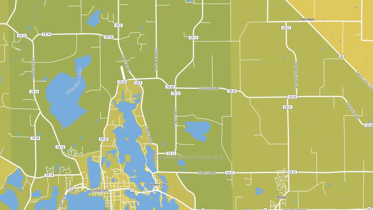 Map of the best neighborhoods in the 55012 area, with better matches in green and worse matches in red