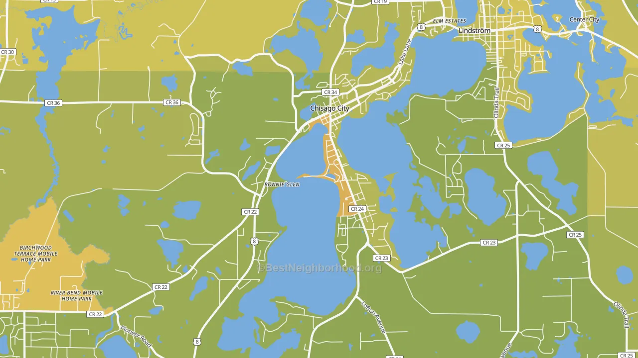 Map of the best neighborhoods in the 55013 area, with better matches in green and worse matches in red