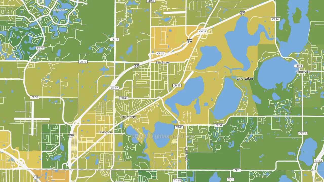 Map of the best neighborhoods in the 55014 area, with better matches in green and worse matches in red