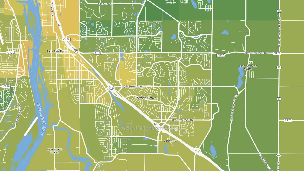 Map of the best neighborhoods in the 55016 area, with better matches in green and worse matches in red