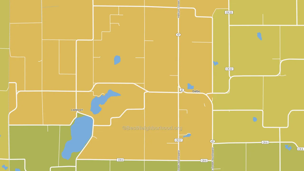 Map of the best neighborhoods in the 55017 area, with better matches in green and worse matches in red
