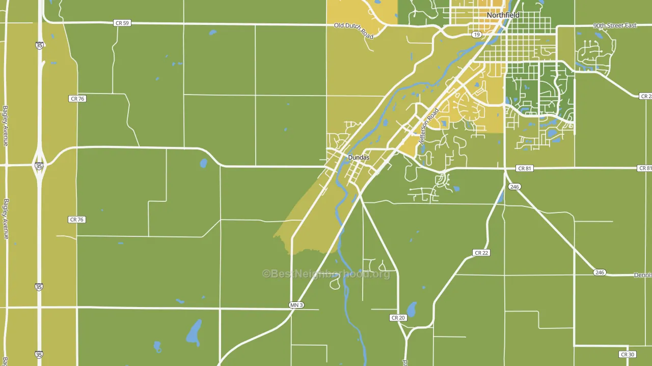 Map of the best neighborhoods in the 55019 area, with better matches in green and worse matches in red