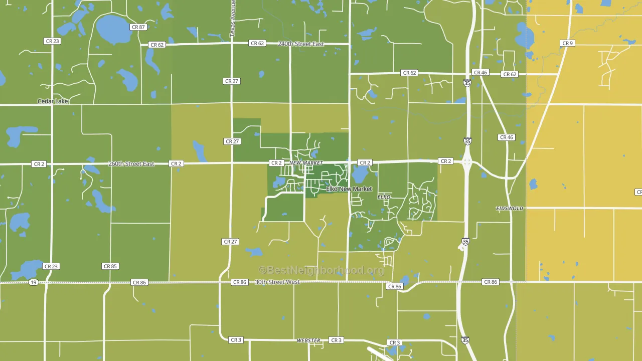 Map of the best neighborhoods in the 55020 area, with better matches in green and worse matches in red