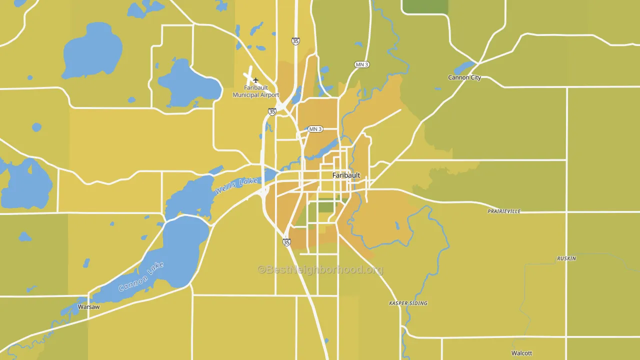 Map of the best neighborhoods in the 55021 area, with better matches in green and worse matches in red