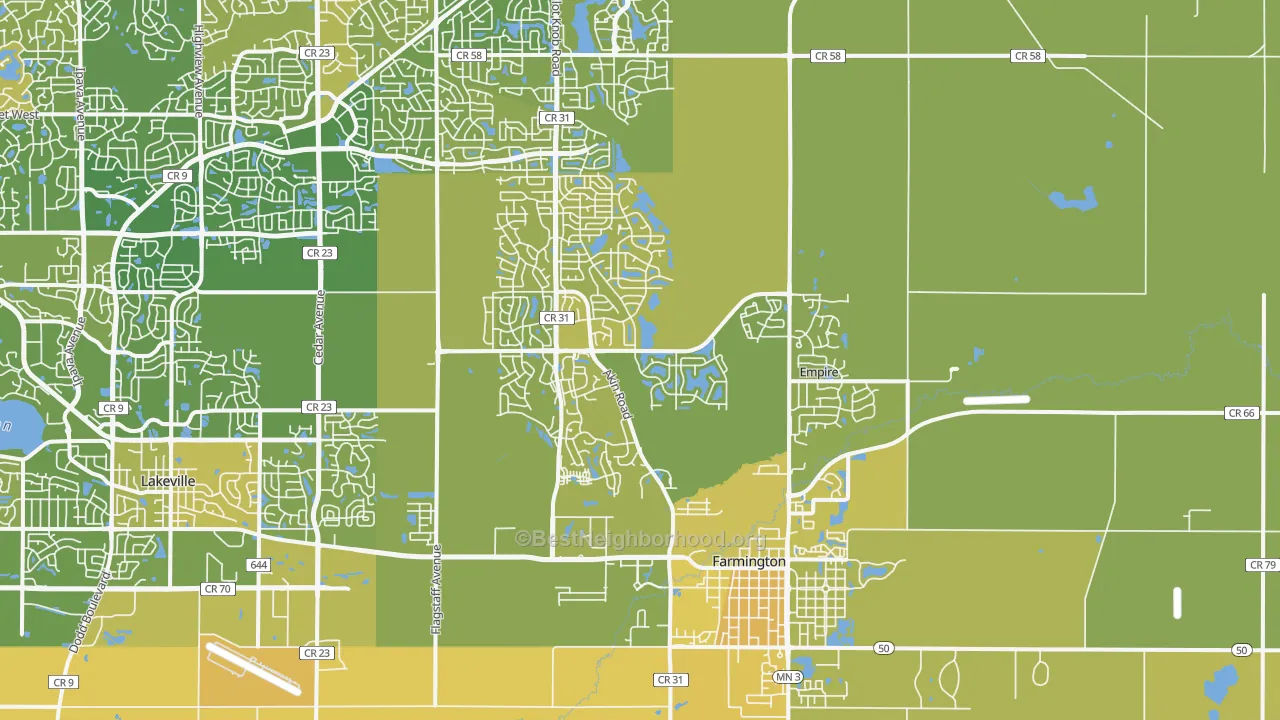 Map of the best neighborhoods in the 55024 area, with better matches in green and worse matches in red