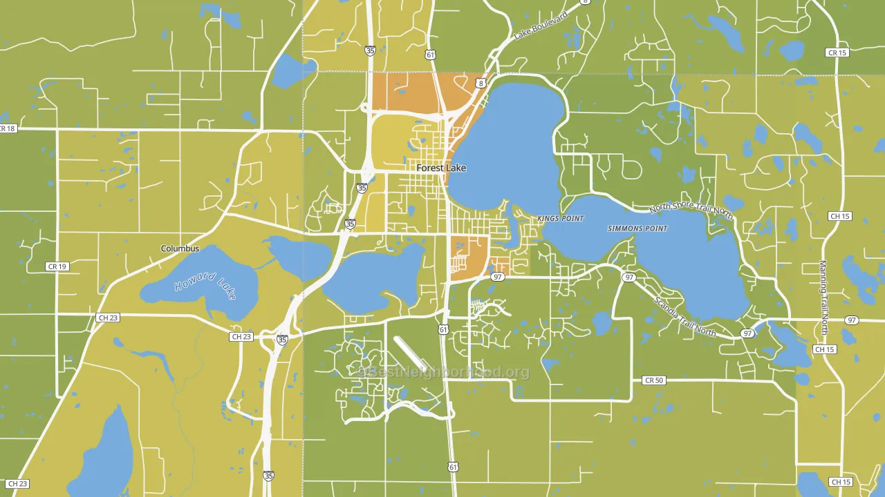 Map of the best neighborhoods in the 55025 area, with better matches in green and worse matches in red