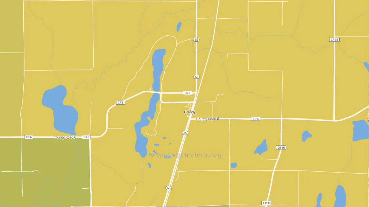 Map of the best neighborhoods in the 55029 area, with better matches in green and worse matches in red