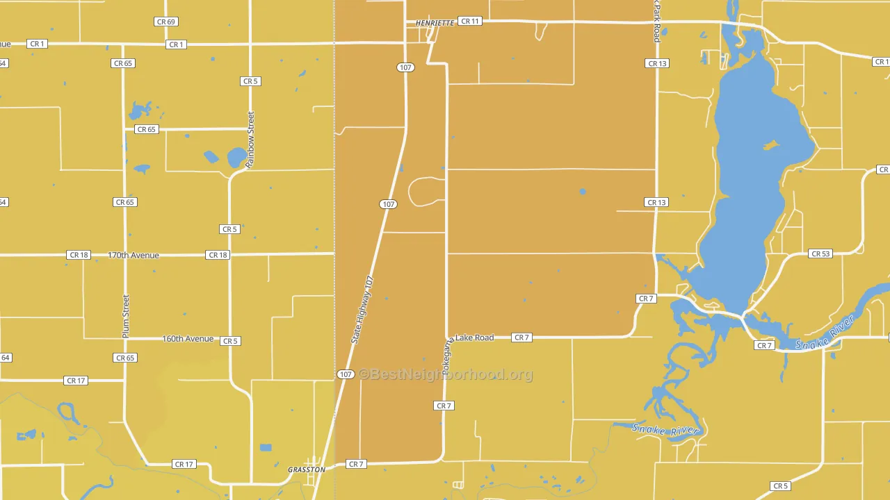 Map of the best neighborhoods in the 55030 area, with better matches in green and worse matches in red